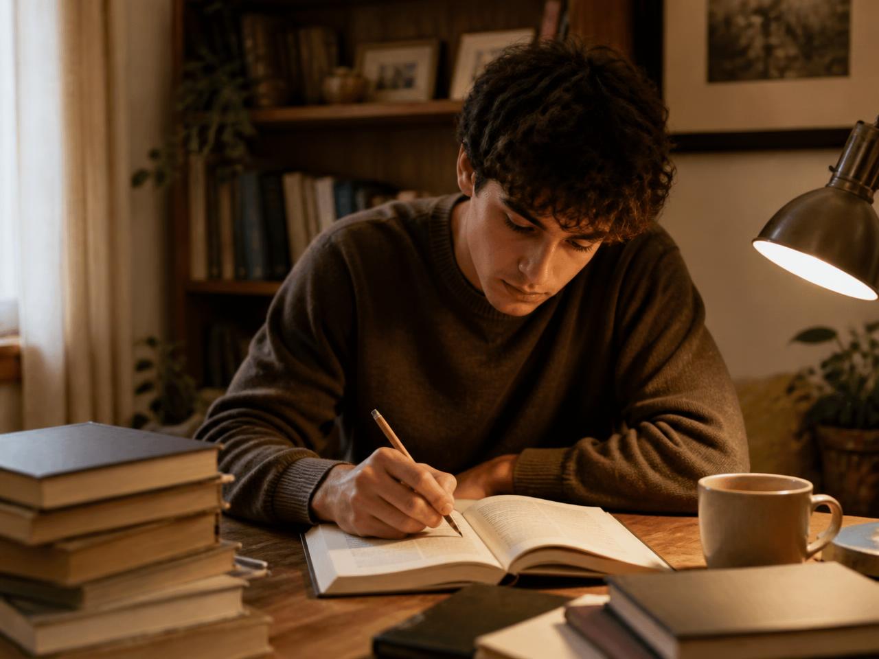 Jovem estudando em casa com uma pilha de livros impressos e luz quente de luminária.