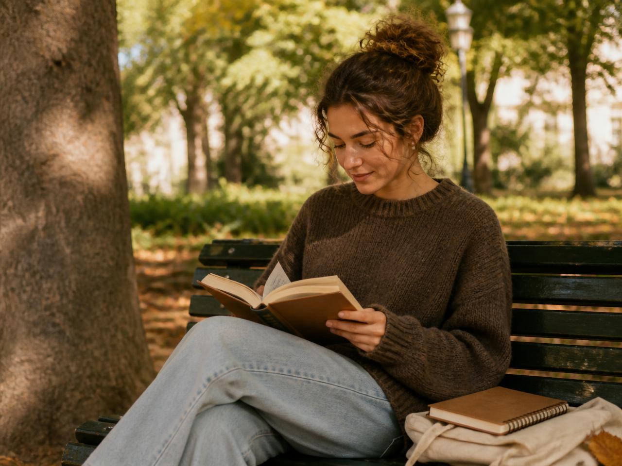 Pessoa lendo um livro em um banco de parque, com caderno ao lado, sob luz da tarde.