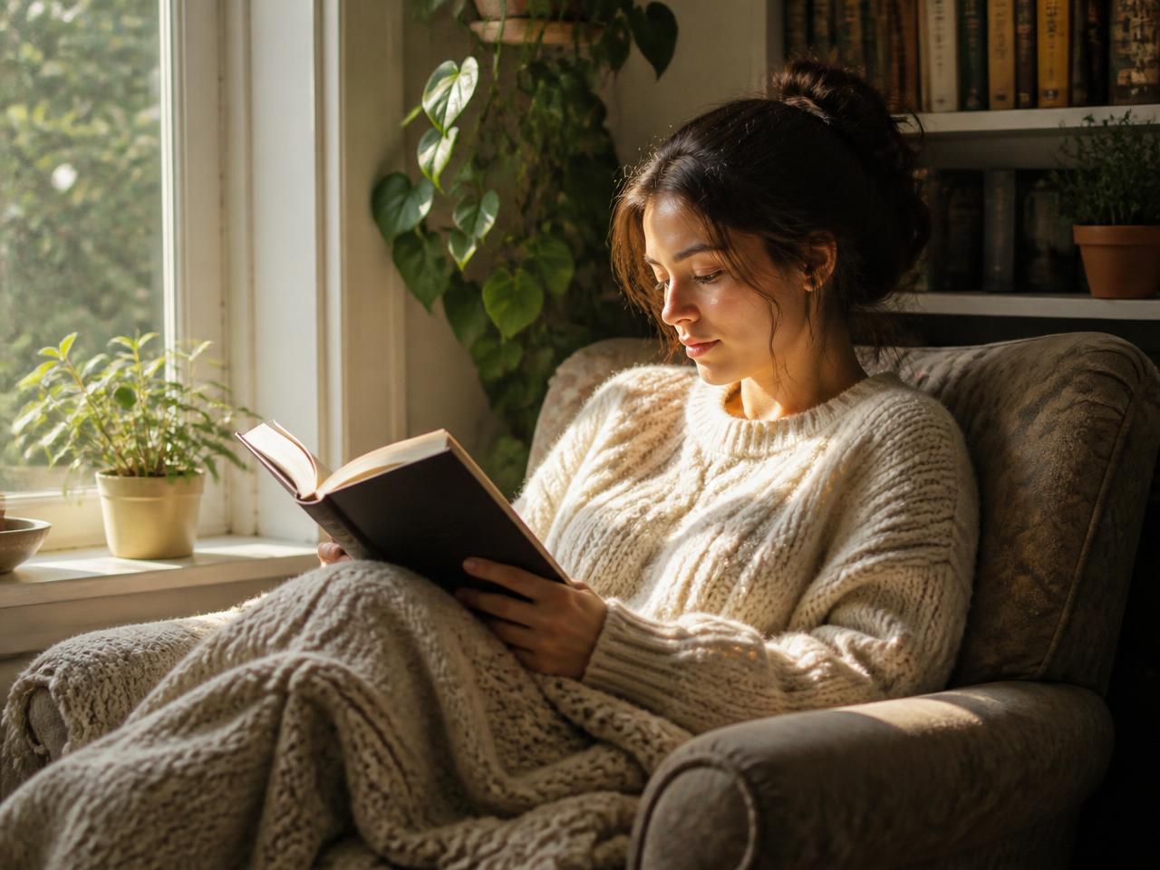 Mulher lendo um livro impresso em uma poltrona confortável, com luz da manhã pela janela.